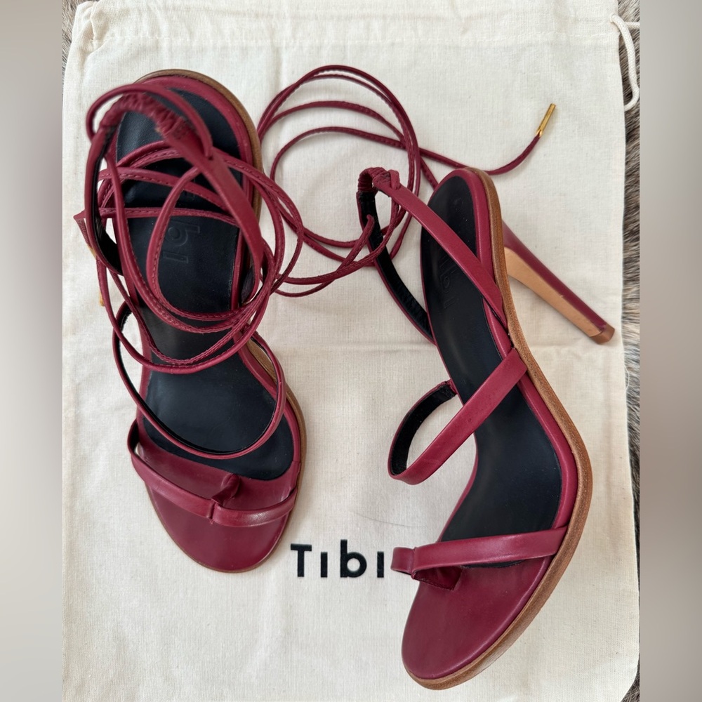 Tibi Burgundy Leather, Ankle Wrap, Stiletto Sandals.